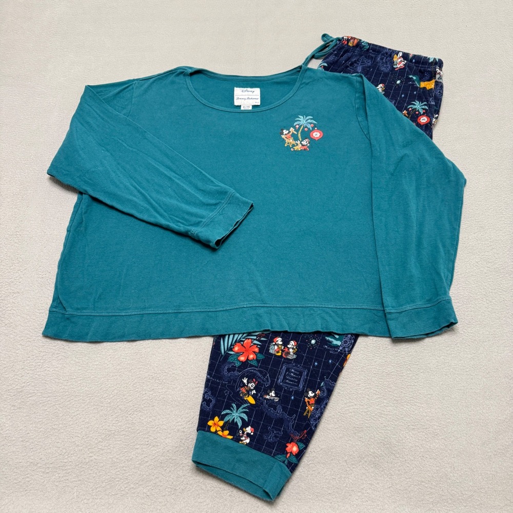 Tommy Bahama Pajama Set Women XL Blue Mickey Minnie Christmas Holiday Hawaiian
